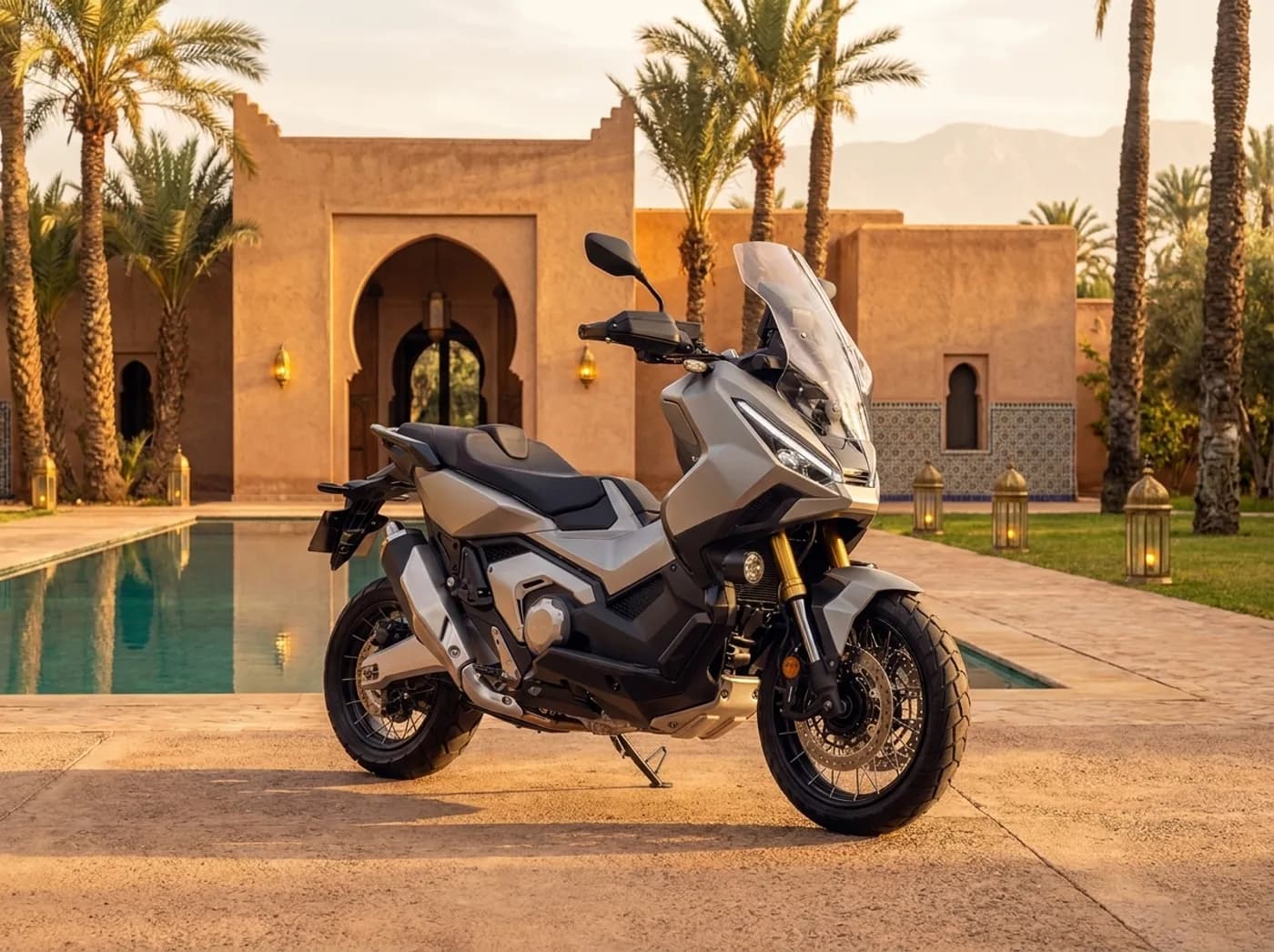 Le Honda X-ADV 750 devant une villa avec piscine de la Palmeraie à Marrakech, au coucher du soleil